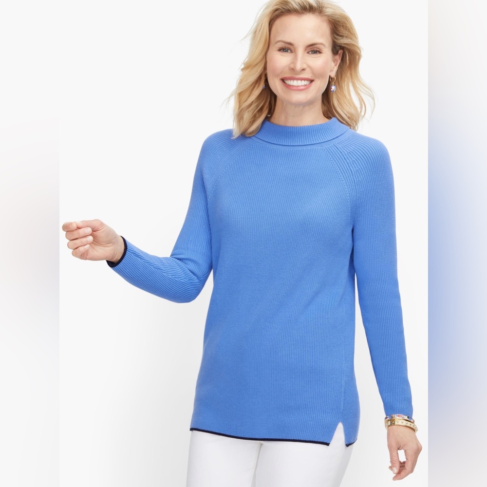 Talbots Pima Sabrina Sweater Blue Tipped Black Hem Women's Size Large